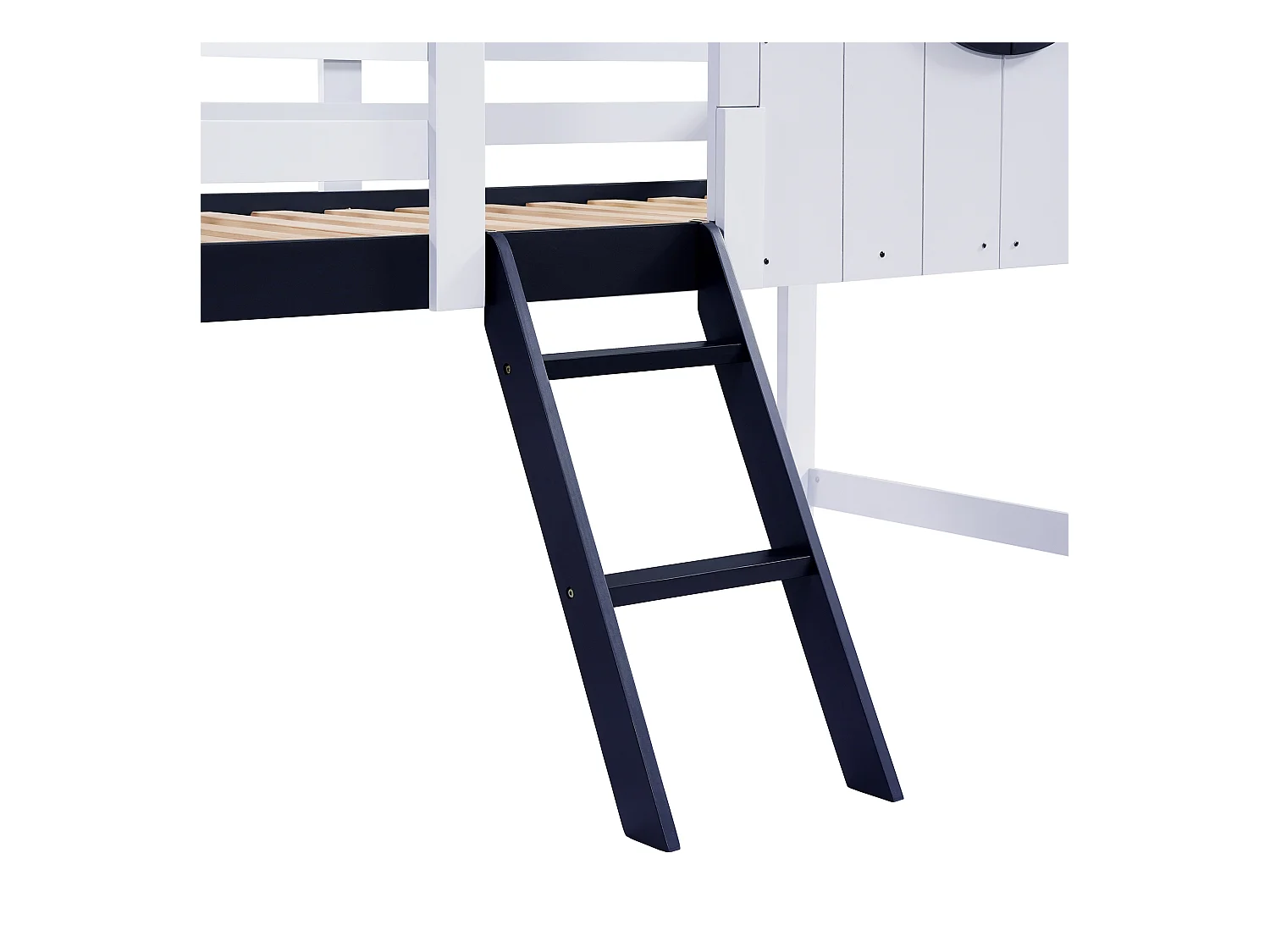 Łóżko piętrowe 90×200 cm - z 1 szufladą - z daszkiem i barierką - drabina 2-stopniowa - lite drewno + MDF - biały + ciemnoniebieski