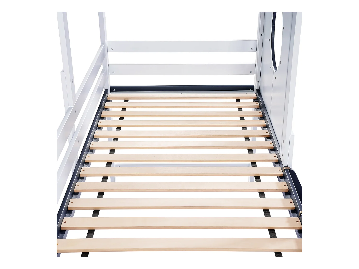 Hochbett 90×200 cm - mit 1 Schublade - mit Dach und Schutzgitter - 2-stufige Leiter - Massivholz + MDF - weiß + dunkelblau