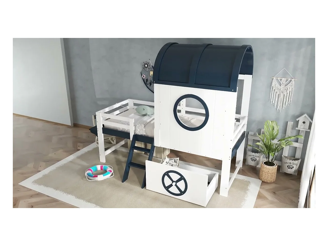 Hochbett 90×200 cm - mit 1 Schublade - mit Dach und Schutzgitter - 2-stufige Leiter - Massivholz + MDF - weiß + dunkelblau
