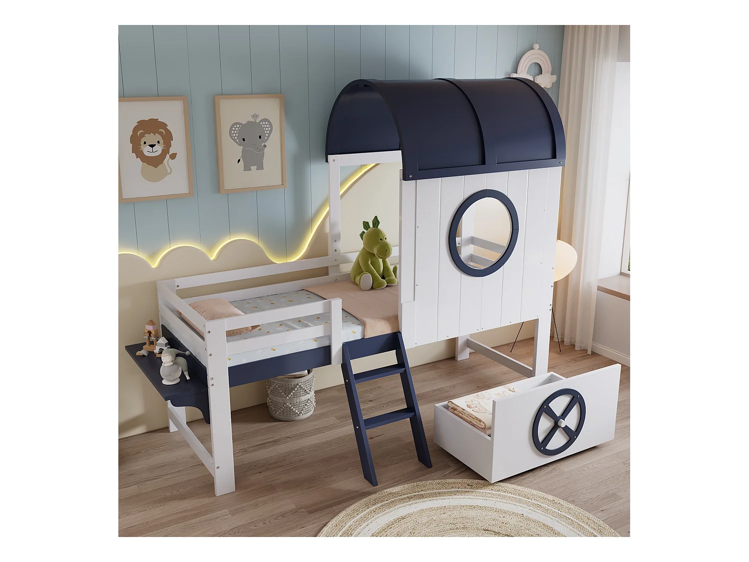 Hochbett 90×200 cm - mit 1 Schublade - mit Dach und Schutzgitter - 2-stufige Leiter - Massivholz + MDF - weiß + dunkelblau