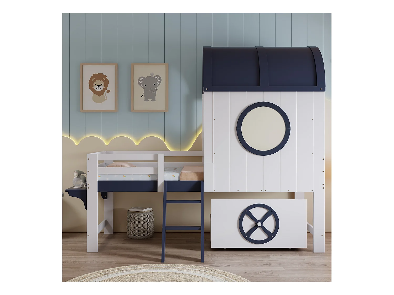Hochbett 90×200 cm - mit 1 Schublade - mit Dach und Schutzgitter - 2-stufige Leiter - Massivholz + MDF - weiß + dunkelblau