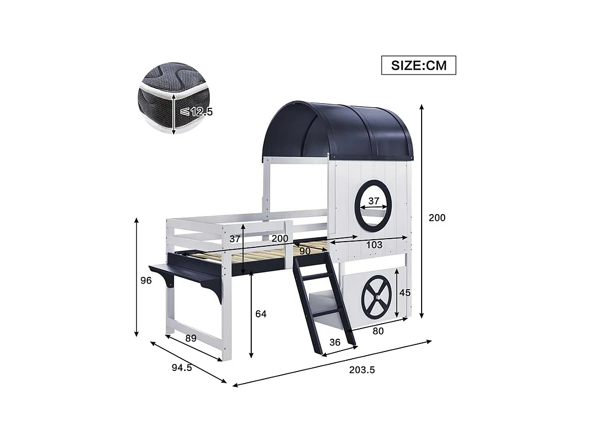 Hochbett 90×200 cm - mit 1 Schublade - mit Dach und Schutzgitter - 2-stufige Leiter - Massivholz + MDF - weiß + dunkelblau