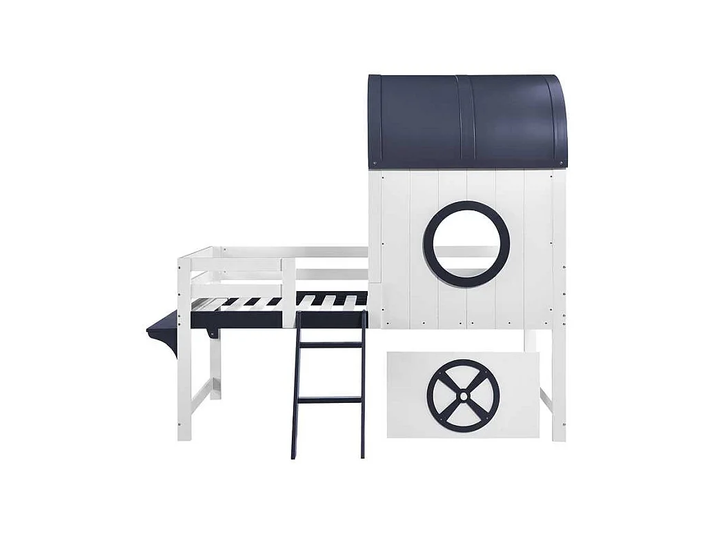 Hochbett 90×200 cm - mit 1 Schublade - mit Dach und Schutzgitter - 2-stufige Leiter - Massivholz + MDF - weiß + dunkelblau