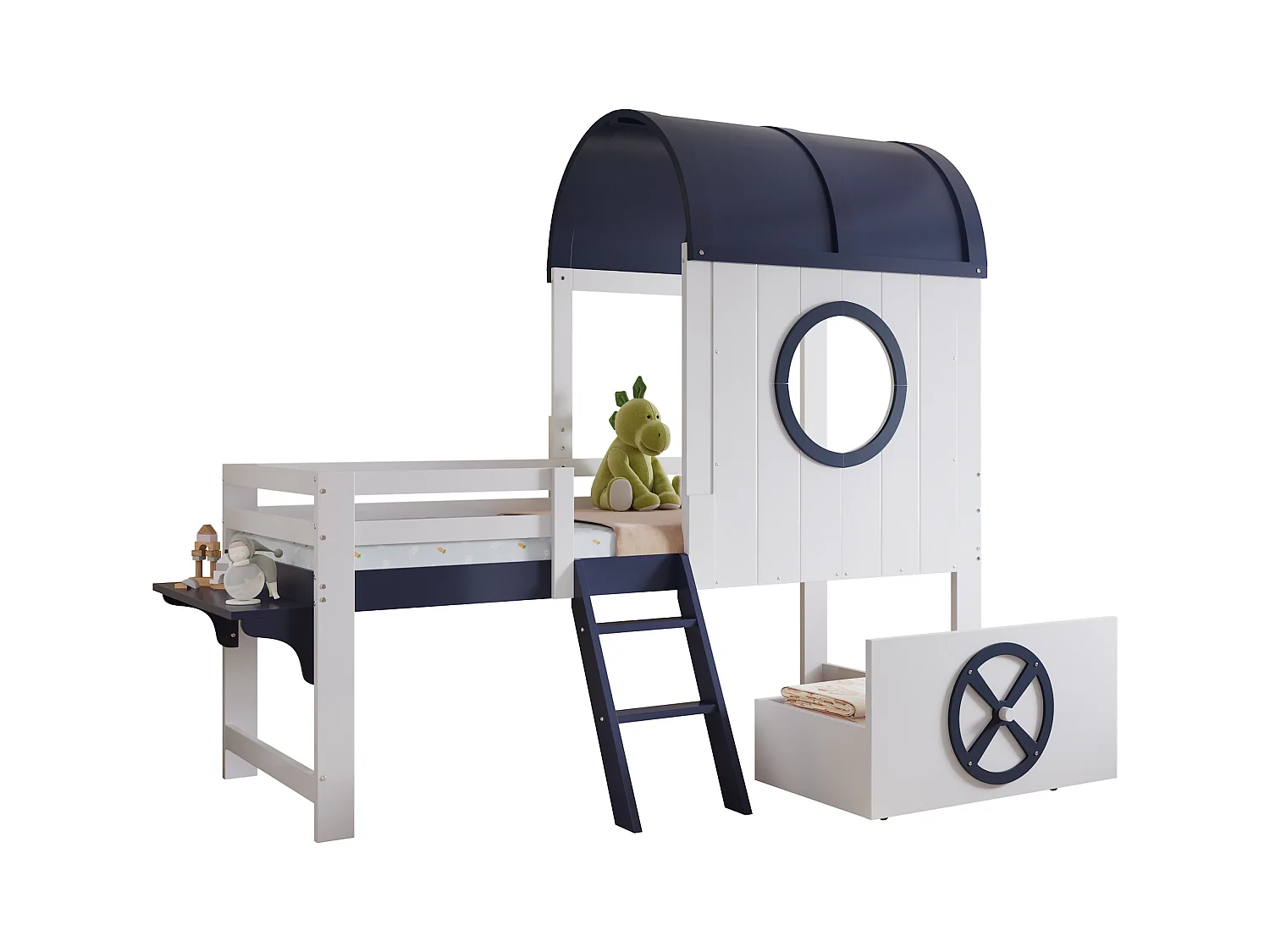 Hochbett 90×200 cm - mit 1 Schublade - mit Dach und Schutzgitter - 2-stufige Leiter - Massivholz + MDF - weiß + dunkelblau