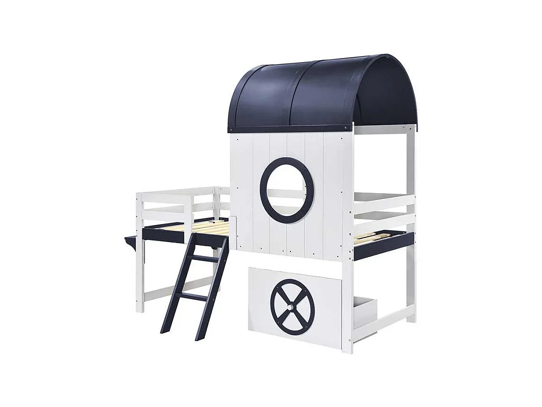 Hochbett 90×200 cm - mit 1 Schublade - mit Dach und Schutzgitter - 2-stufige Leiter - Massivholz + MDF - weiß + dunkelblau