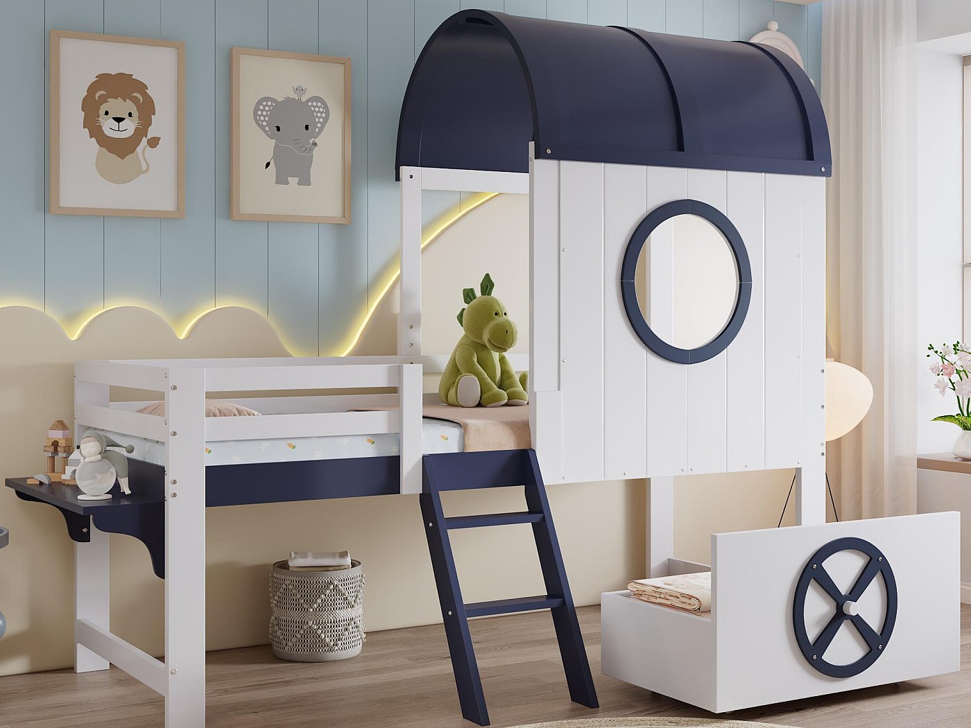 Lit Mezzanine Double VECELO Avec Escaliers - Cadre Métal, Rose, Capacité 181 Kg, Gain De Place