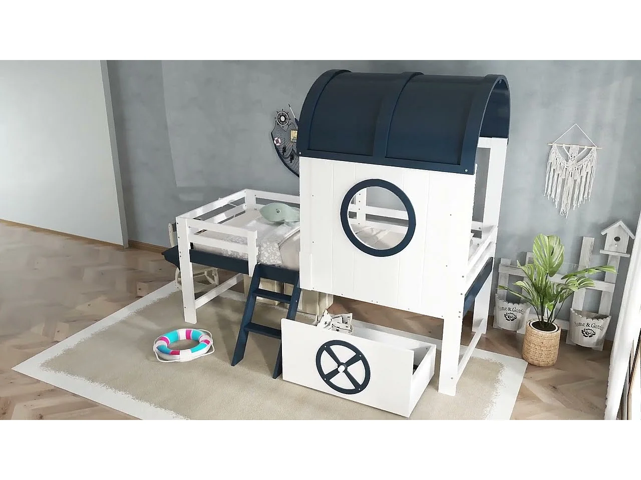 Lit mezzanine 90x200cm - avec 1 tiroir - avec toit et garde-corps - échelle à 2 marches - bois massif + MDF - Blanc + Bleu foncé