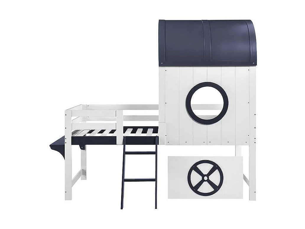 Lit mezzanine 90x200cm - avec 1 tiroir - avec toit et garde-corps - échelle à 2 marches - bois massif + MDF - Blanc + Bleu foncé