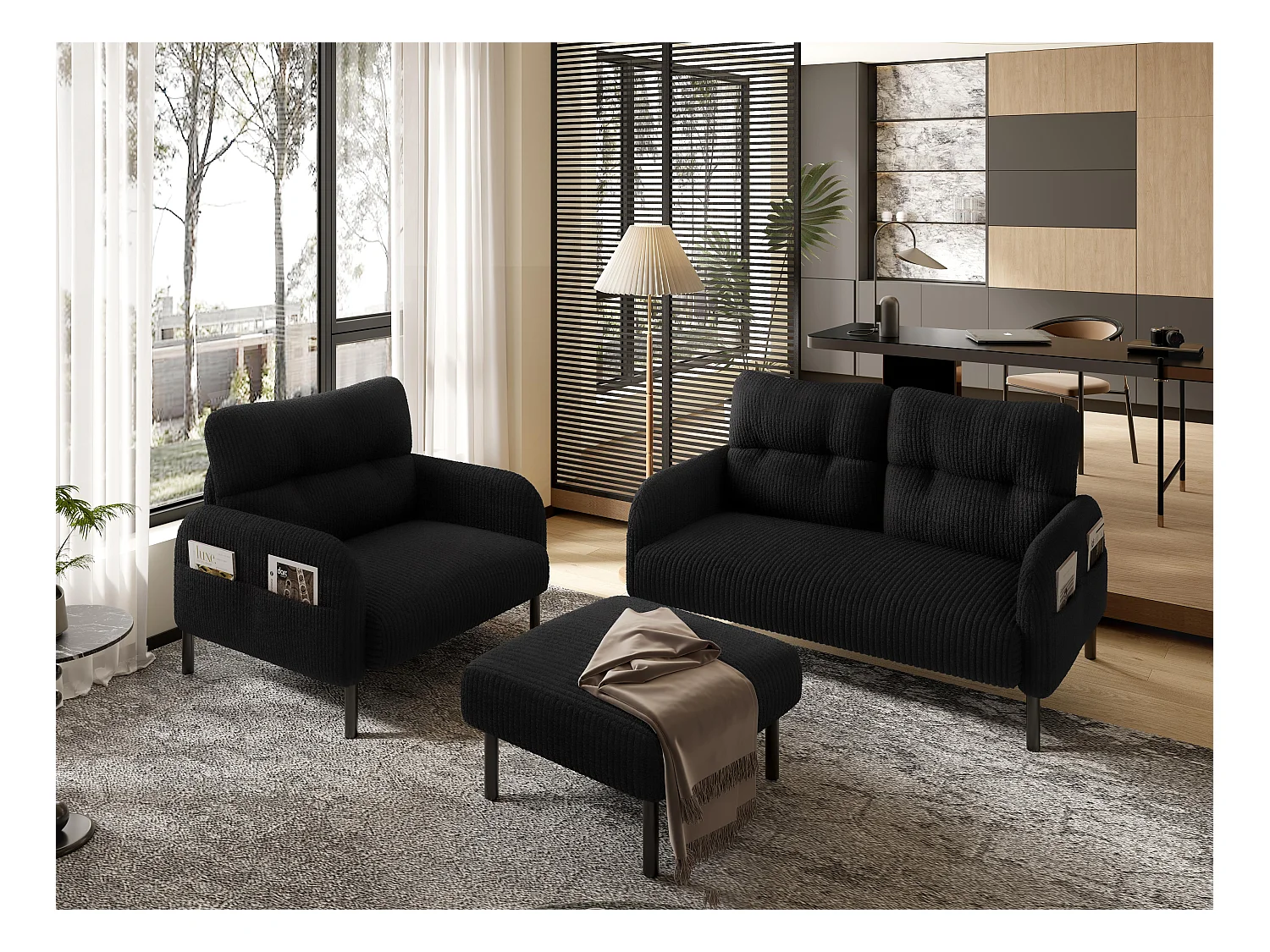 Ensemble 3 pièces velours noir – canapé 2 places et 3 places + pouf – coussins inclus – poches latérales – idéal pour salon, bureau et chambre