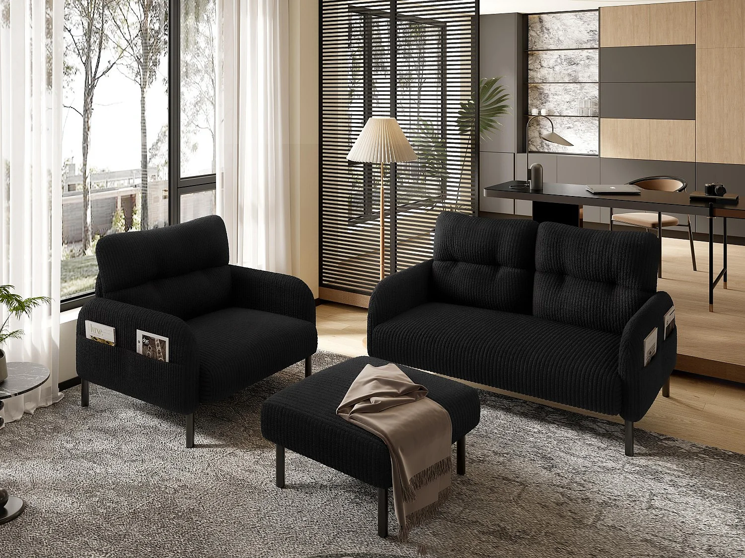 Ensemble 3 pièces velours noir – canapé 2 places et 3 places + pouf – coussins inclus – poches latérales – idéal pour salon, bureau et chambre