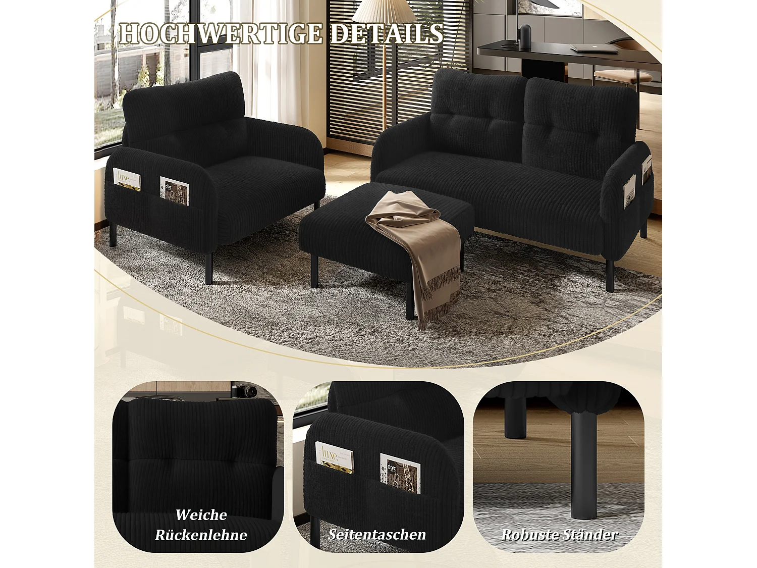 Ensemble 3 pièces velours noir – canapé 2 places et 3 places + pouf – coussins inclus – poches latérales – idéal pour salon, bureau et chambre