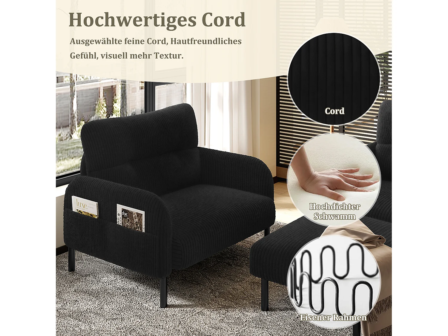 Ensemble 3 pièces velours noir – canapé 2 places et 3 places + pouf – coussins inclus – poches latérales – idéal pour salon, bureau et chambre
