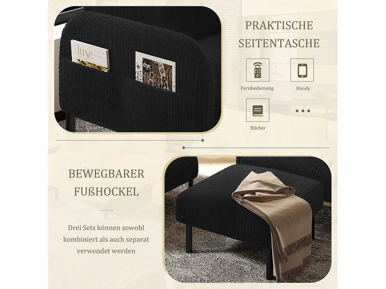 Ensemble 3 pièces velours noir – canapé 2 places et 3 places + pouf – coussins inclus – poches latérales – idéal pour salon, bureau et chambre