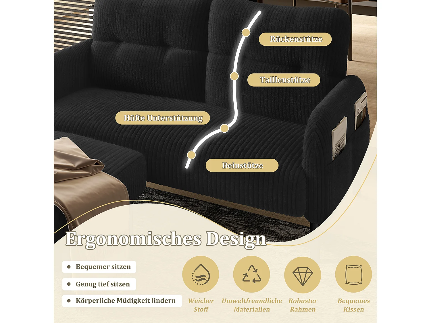 Ensemble 3 pièces velours noir – canapé 2 places et 3 places + pouf – coussins inclus – poches latérales – idéal pour salon, bureau et chambre