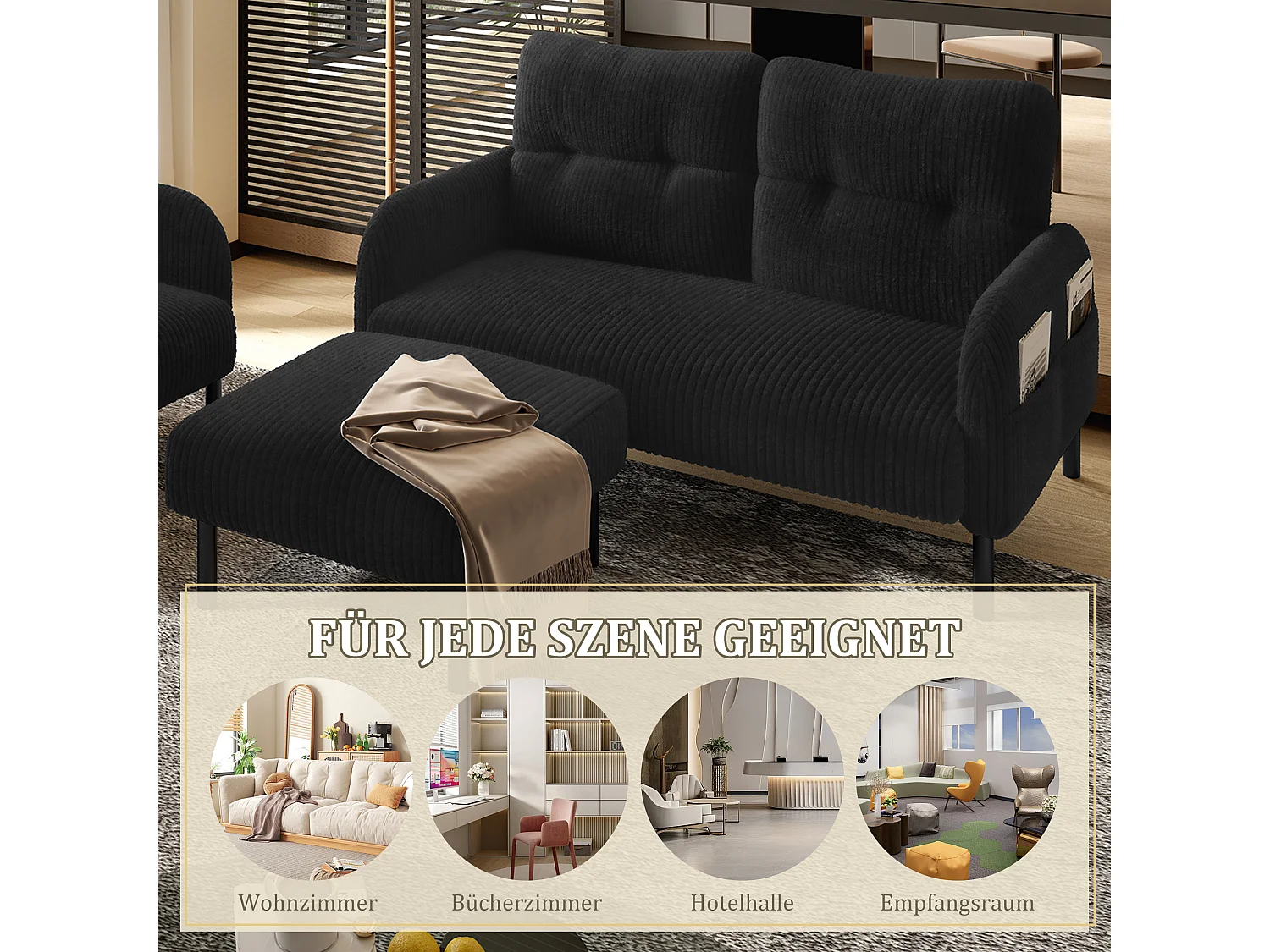 Ensemble 3 pièces velours noir – canapé 2 places et 3 places + pouf – coussins inclus – poches latérales – idéal pour salon, bureau et chambre
