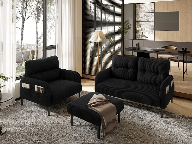 Ensemble 3 pièces velours noir – canapé 2 places et 3 places + pouf – coussins inclus – poches latérales – idéal pour salon, bureau et chambre