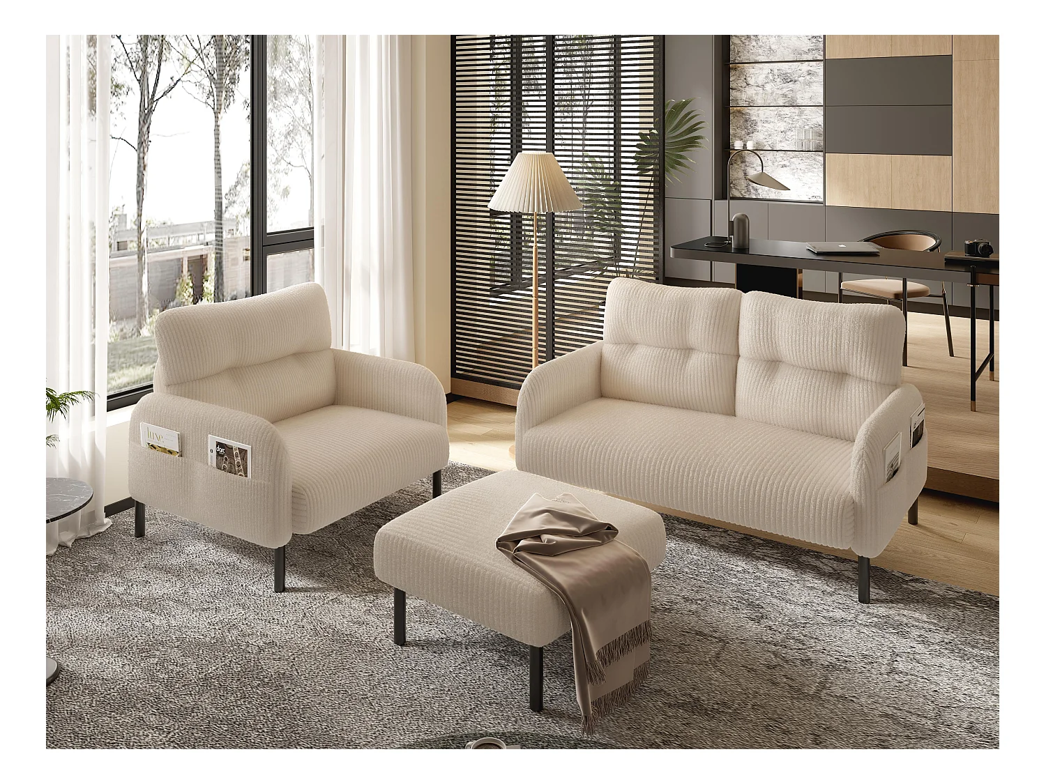 Ensemble 3 pièces velours beige – canapé 2 places et 3 places + pouf – coussins inclus – poches latérales – idéal pour salon, bureau et chambre