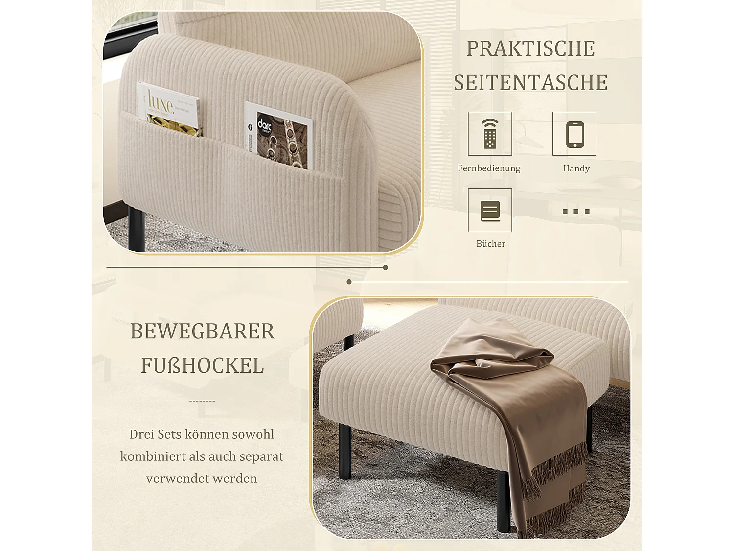 Ensemble 3 pièces velours beige – canapé 2 places et 3 places + pouf – coussins inclus – poches latérales – idéal pour salon, bureau et chambre