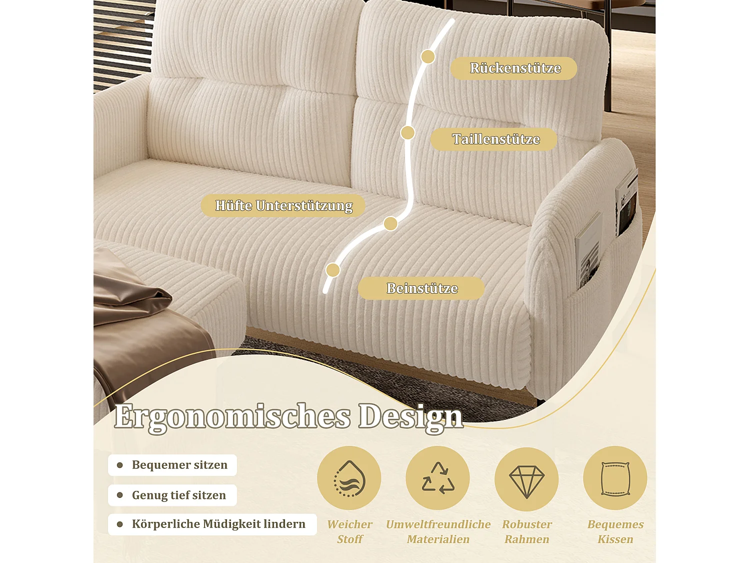 Ensemble 3 pièces velours beige – canapé 2 places et 3 places + pouf – coussins inclus – poches latérales – idéal pour salon, bureau et chambre