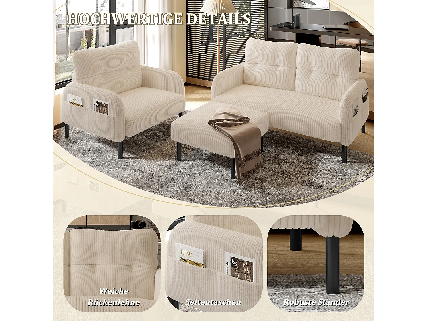 Ensemble 3 pièces velours beige – canapé 2 places et 3 places + pouf – coussins inclus – poches latérales – idéal pour salon, bureau et chambre
