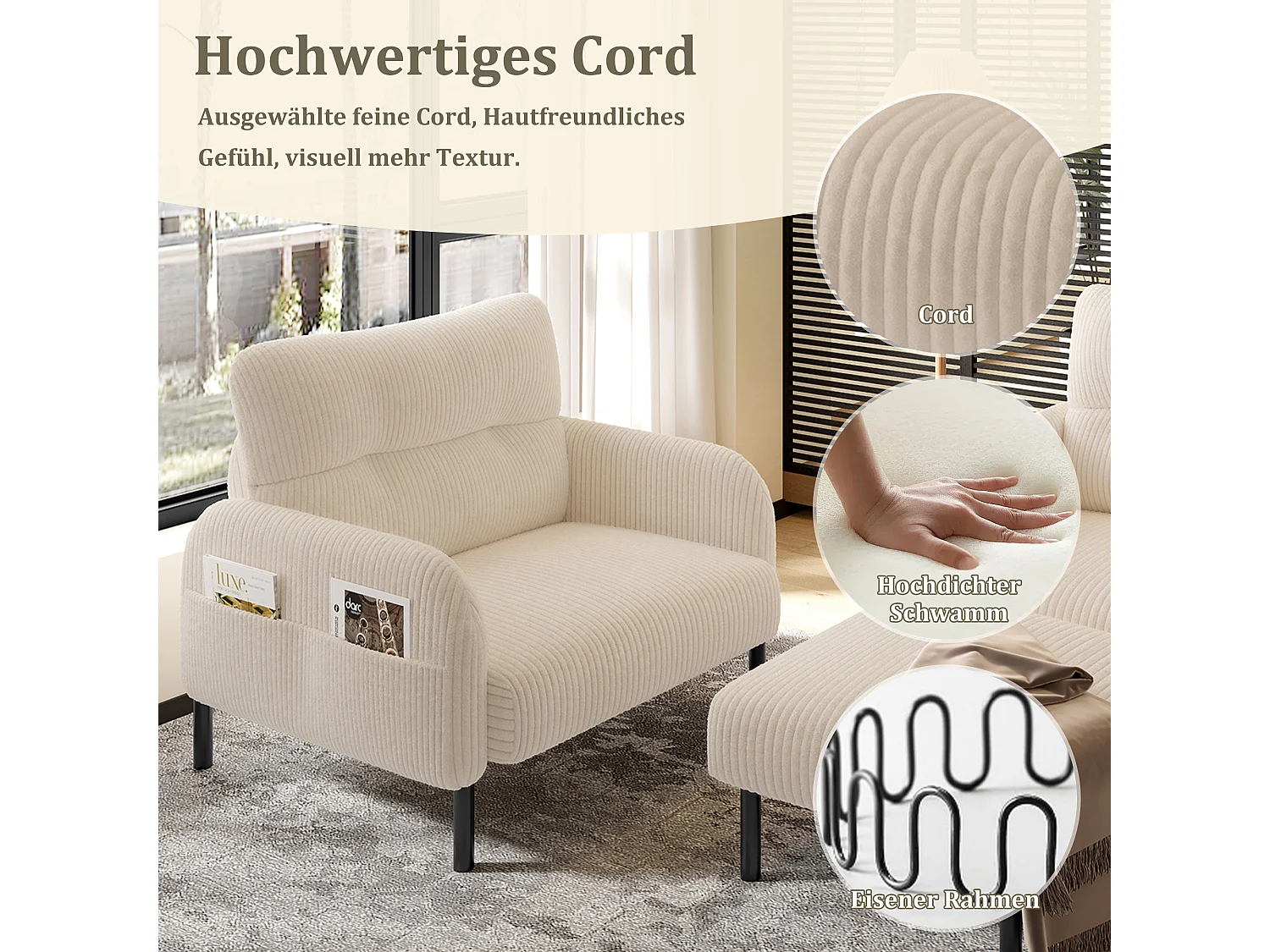 Ensemble 3 pièces velours beige – canapé 2 places et 3 places + pouf – coussins inclus – poches latérales – idéal pour salon, bureau et chambre