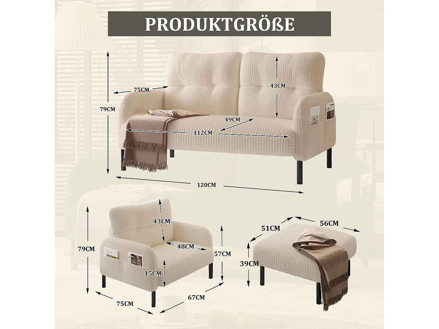 Ensemble 3 pièces velours beige – canapé 2 places et 3 places + pouf – coussins inclus – poches latérales – idéal pour salon, bureau et chambre
