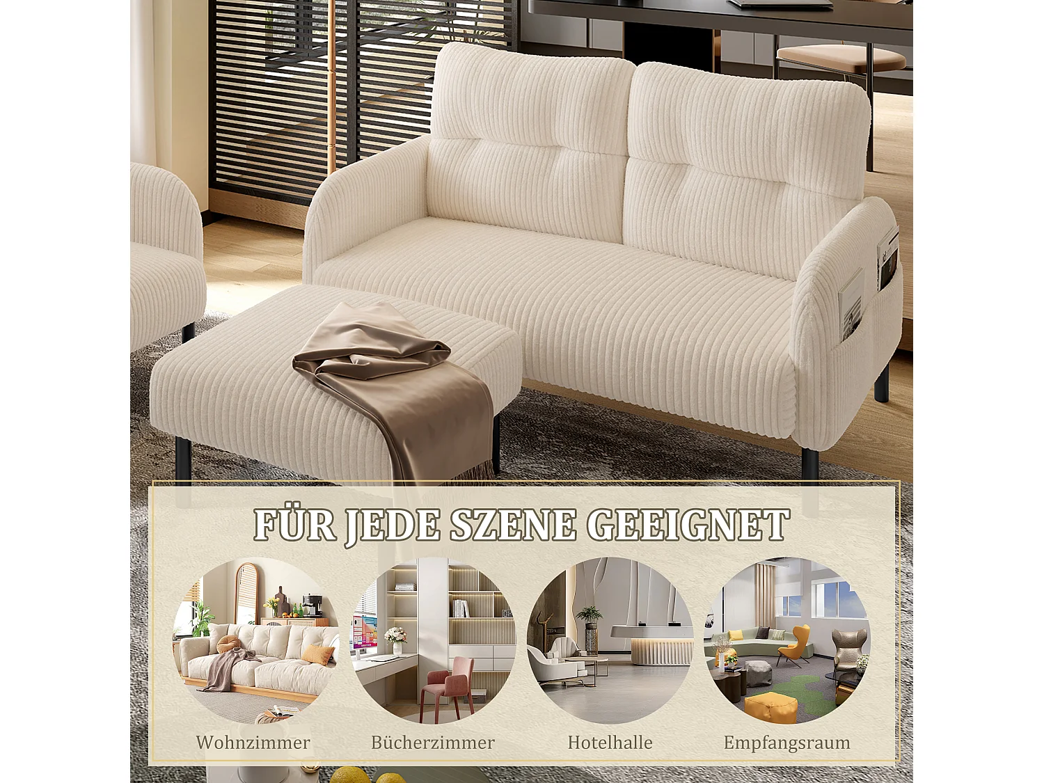 Ensemble 3 pièces velours beige – canapé 2 places et 3 places + pouf – coussins inclus – poches latérales – idéal pour salon, bureau et chambre