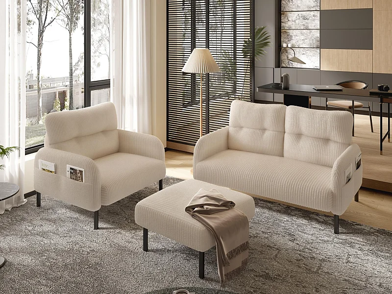 Ensemble 3 pièces velours beige – canapé 2 places et 3 places + pouf – coussins inclus – poches latérales – idéal pour salon, bureau et chambre