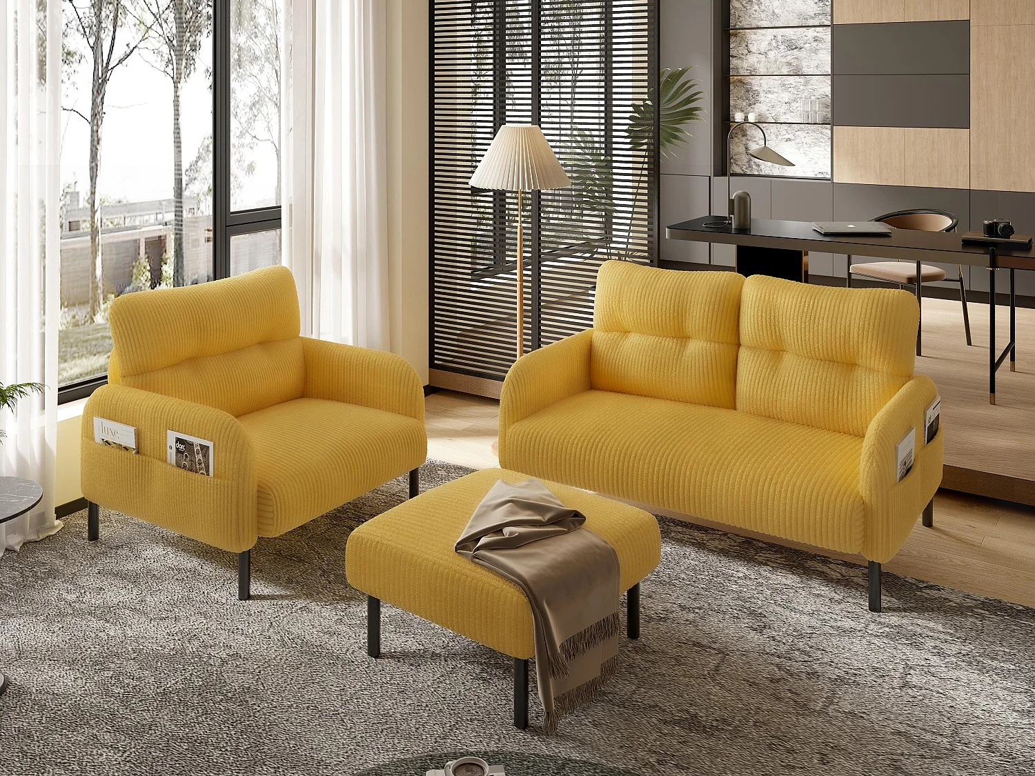 Ensemble 3 pièces velours jaune – canapé 2 places et 3 places + pouf – coussins inclus – poches latérales – idéal pour salon, bureau et chambre