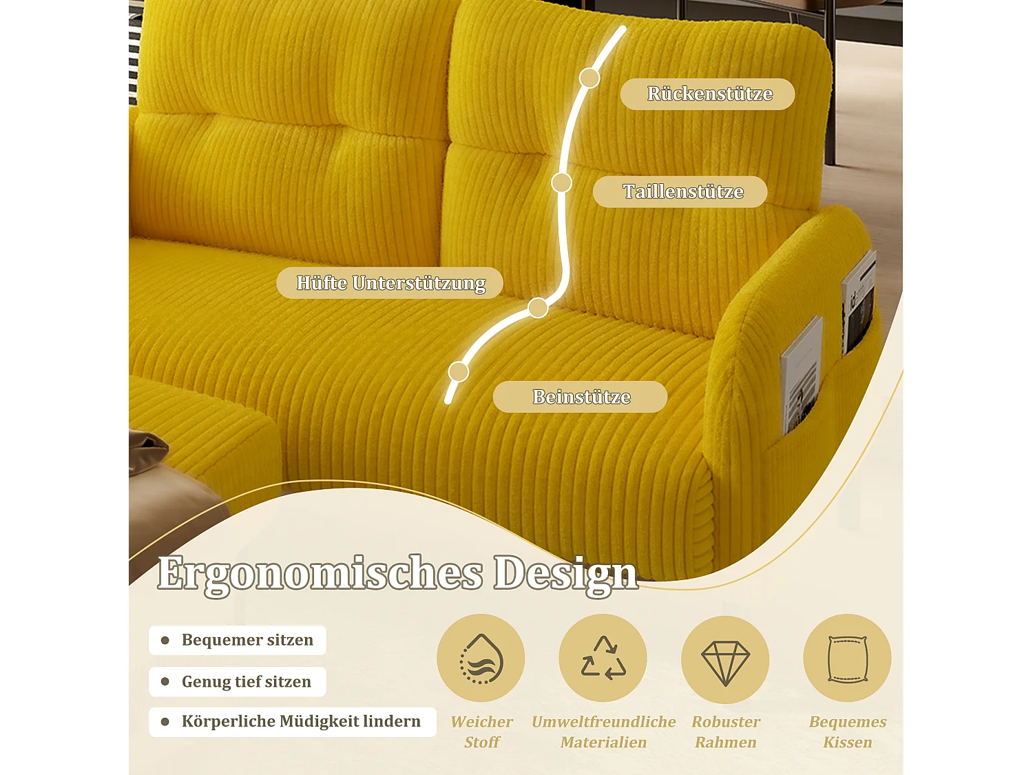 Ensemble 3 pièces velours jaune – canapé 2 places et 3 places + pouf – coussins inclus – poches latérales – idéal pour salon, bureau et chambre