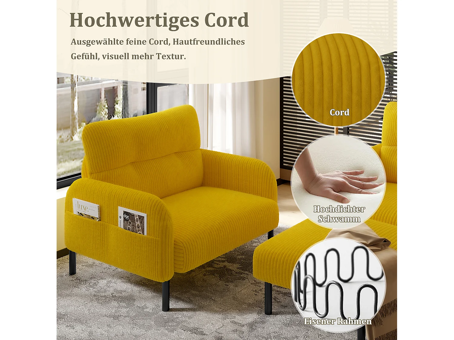Ensemble 3 pièces velours jaune – canapé 2 places et 3 places + pouf – coussins inclus – poches latérales – idéal pour salon, bureau et chambre