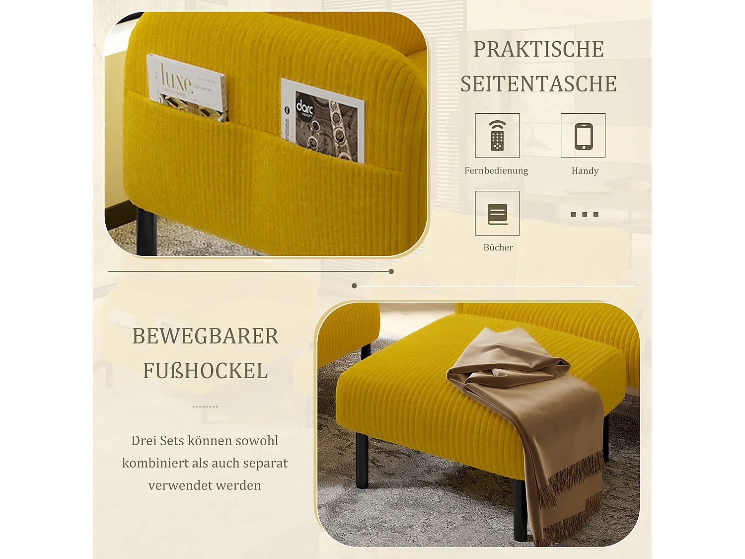 Ensemble 3 pièces velours jaune – canapé 2 places et 3 places + pouf – coussins inclus – poches latérales – idéal pour salon, bureau et chambre