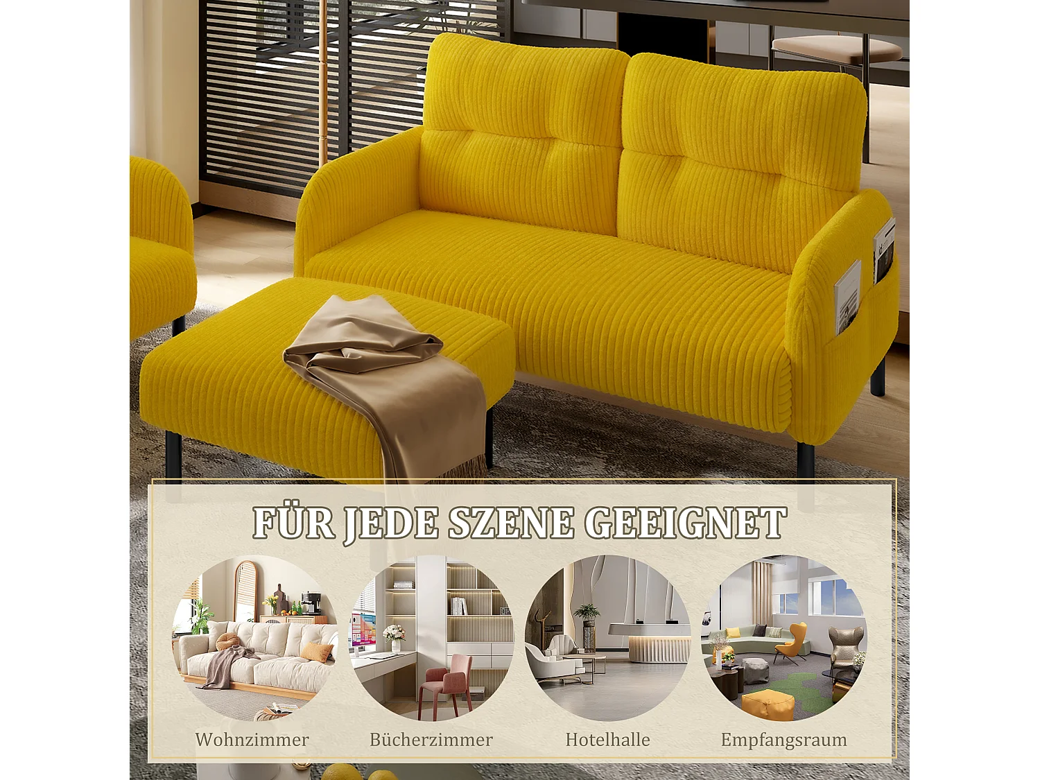 Ensemble 3 pièces velours jaune – canapé 2 places et 3 places + pouf – coussins inclus – poches latérales – idéal pour salon, bureau et chambre