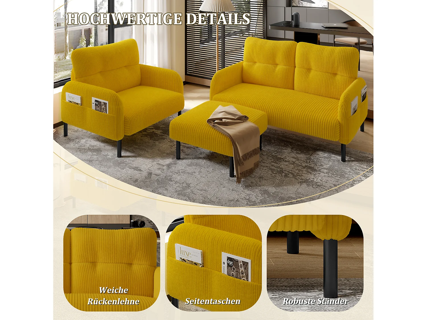 Ensemble 3 pièces velours jaune – canapé 2 places et 3 places + pouf – coussins inclus – poches latérales – idéal pour salon, bureau et chambre