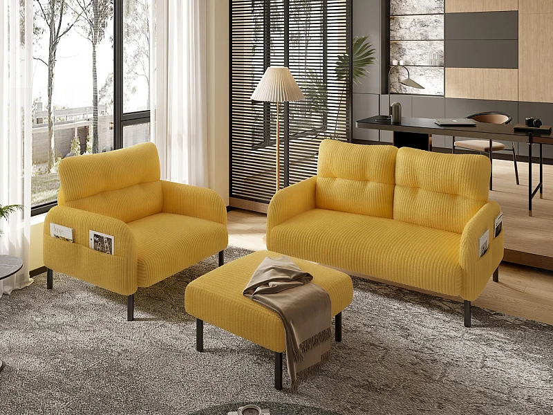 Ensemble 3 pièces velours jaune – canapé 2 places et 3 places + pouf – coussins inclus – poches latérales – idéal pour salon, bureau et chambre
