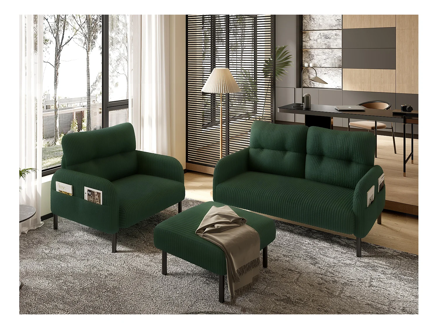 Ensemble 3 pièces velours vert – canapé 2 places et 3 places + pouf – coussins inclus – poches latérales – idéal pour salon, bureau et chambre