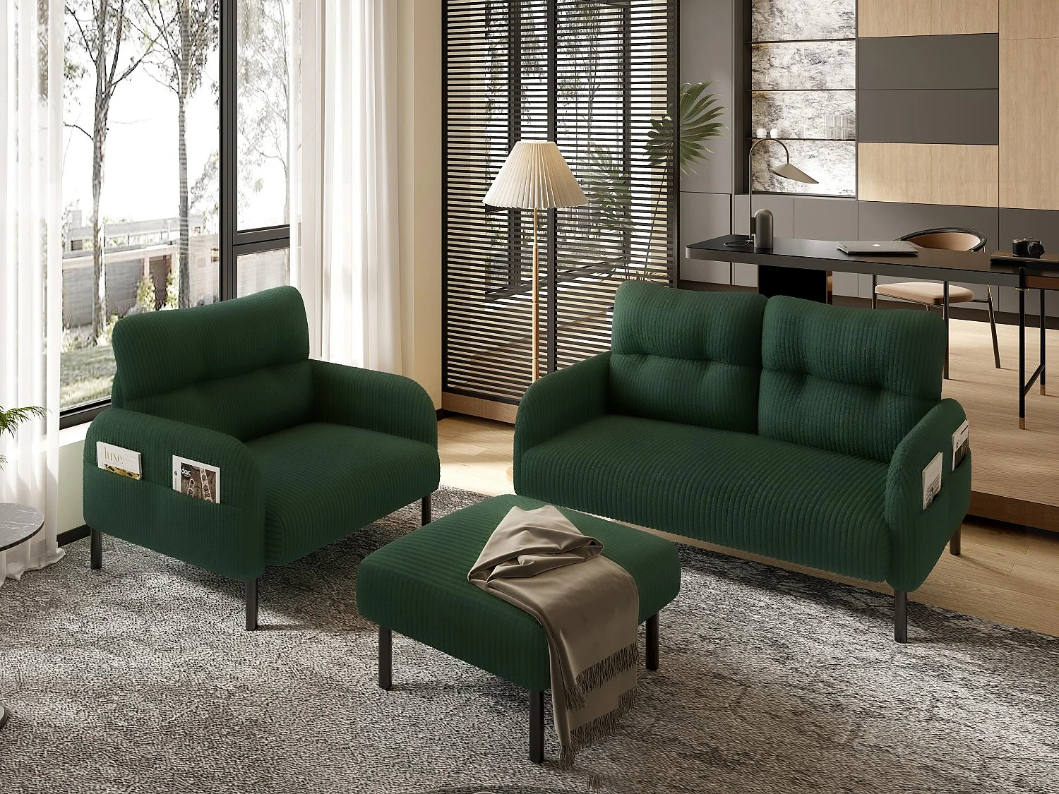 Ensemble 3 pièces velours vert – canapé 2 places et 3 places + pouf – coussins inclus – poches latérales – idéal pour salon, bureau et chambre