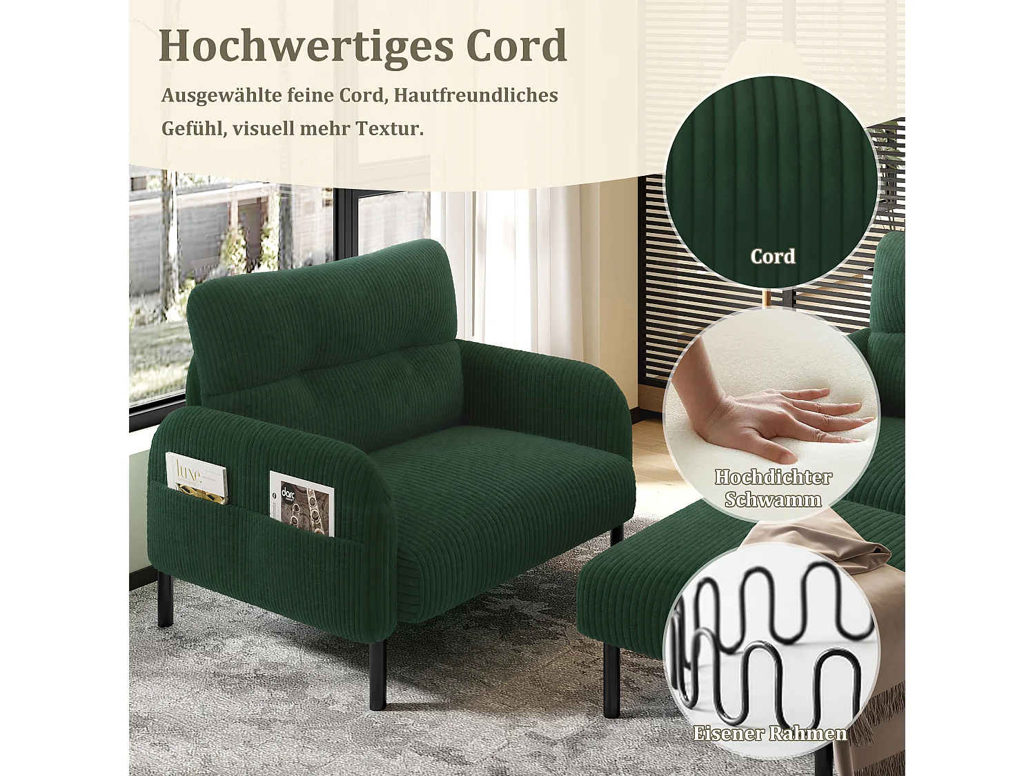 Ensemble 3 pièces velours vert – canapé 2 places et 3 places + pouf – coussins inclus – poches latérales – idéal pour salon, bureau et chambre
