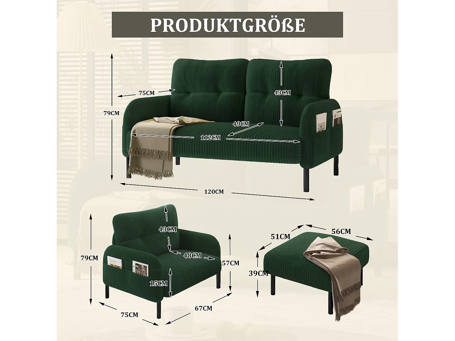 Ensemble 3 pièces velours vert – canapé 2 places et 3 places + pouf – coussins inclus – poches latérales – idéal pour salon, bureau et chambre