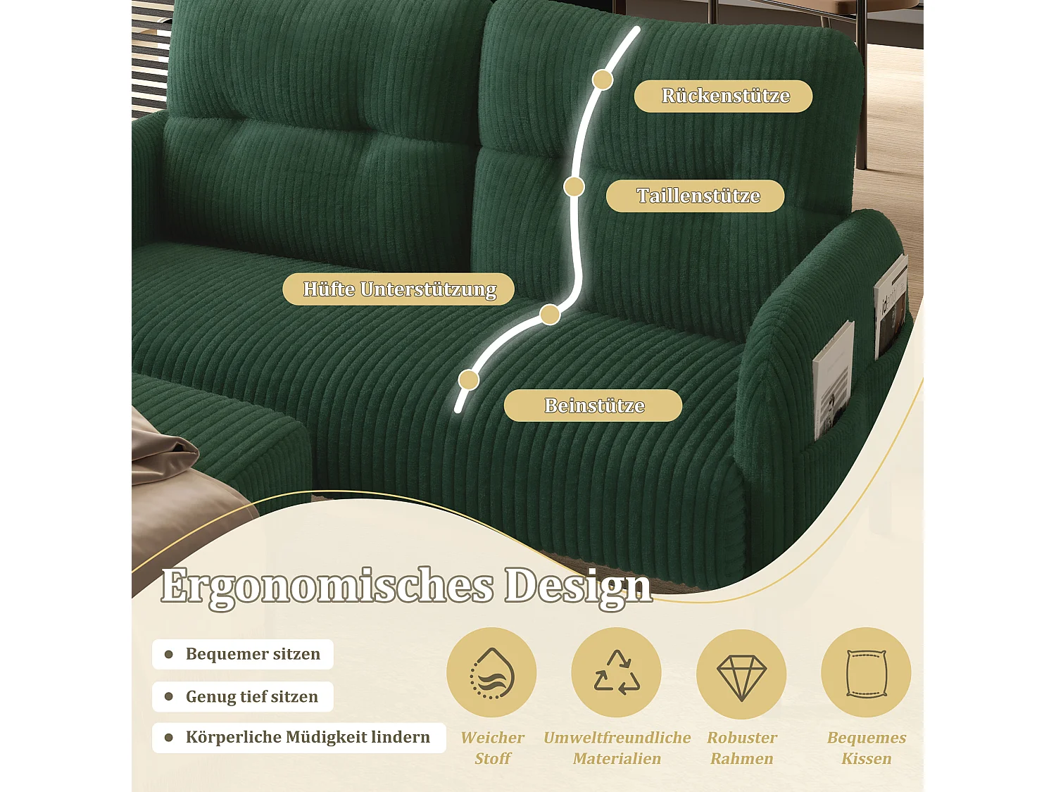 Ensemble 3 pièces velours vert – canapé 2 places et 3 places + pouf – coussins inclus – poches latérales – idéal pour salon, bureau et chambre