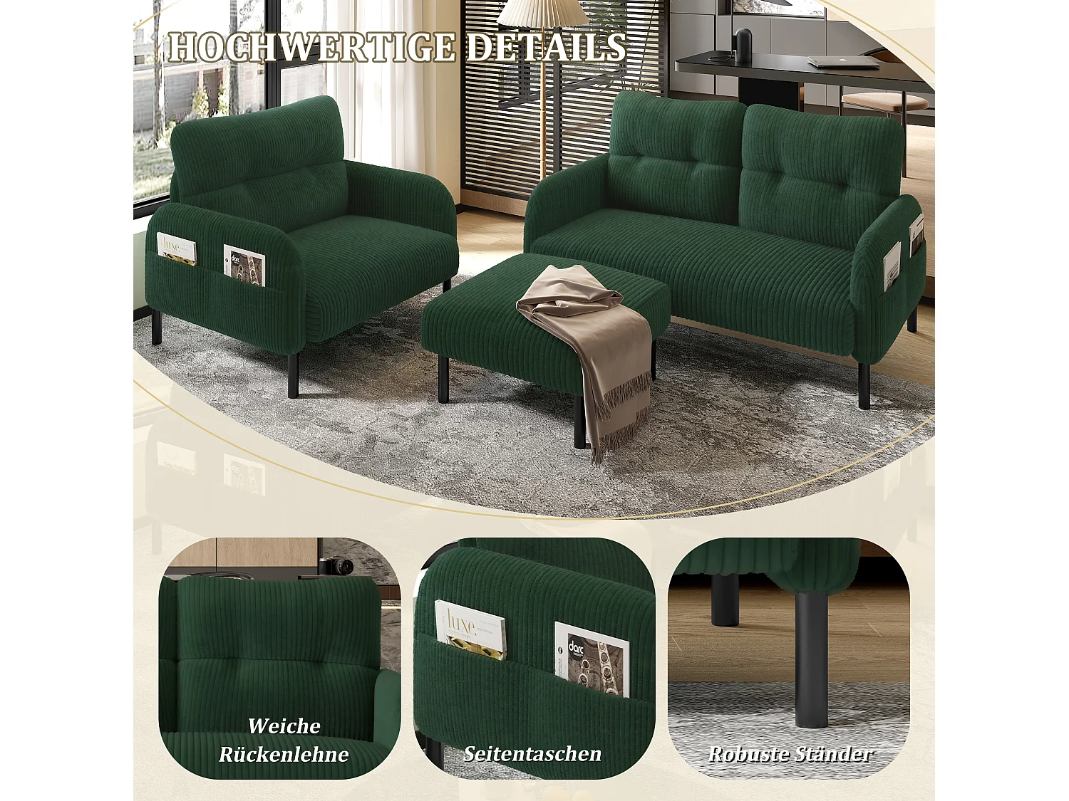 Ensemble 3 pièces velours vert – canapé 2 places et 3 places + pouf – coussins inclus – poches latérales – idéal pour salon, bureau et chambre