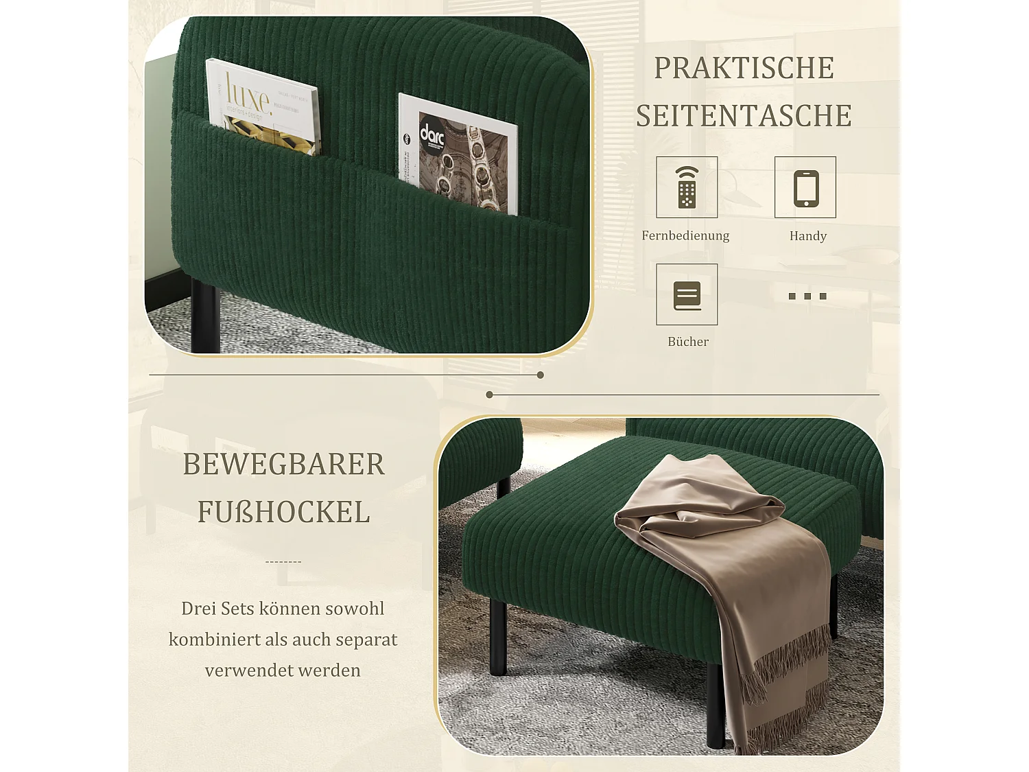 Ensemble 3 pièces velours vert – canapé 2 places et 3 places + pouf – coussins inclus – poches latérales – idéal pour salon, bureau et chambre