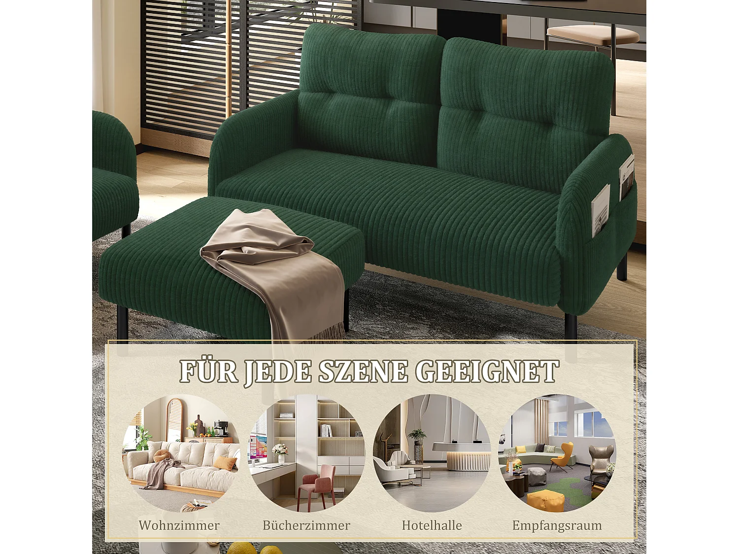 Ensemble 3 pièces velours vert – canapé 2 places et 3 places + pouf – coussins inclus – poches latérales – idéal pour salon, bureau et chambre