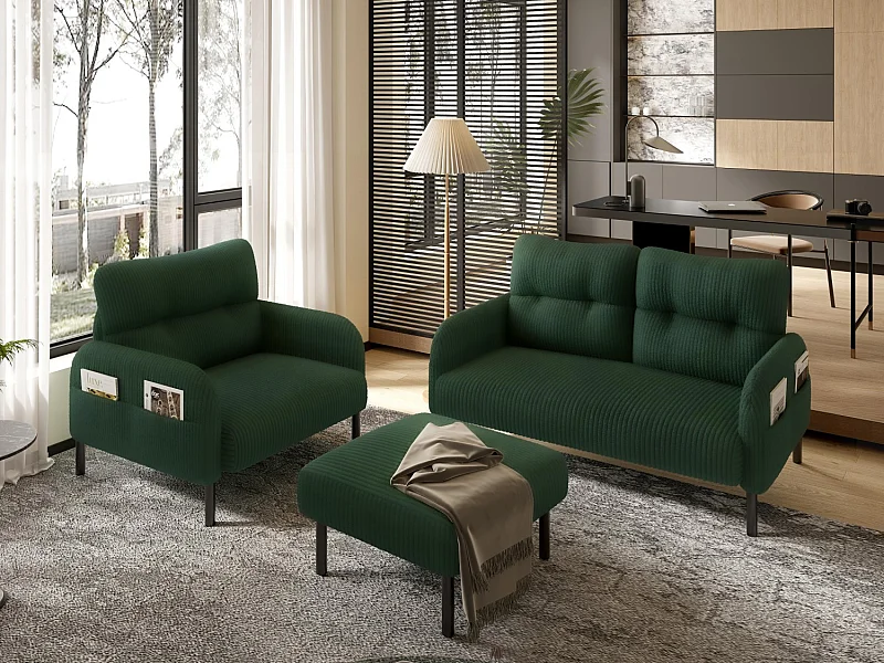 Ensemble 3 pièces velours vert – canapé 2 places et 3 places + pouf – coussins inclus – poches latérales – idéal pour salon, bureau et chambre