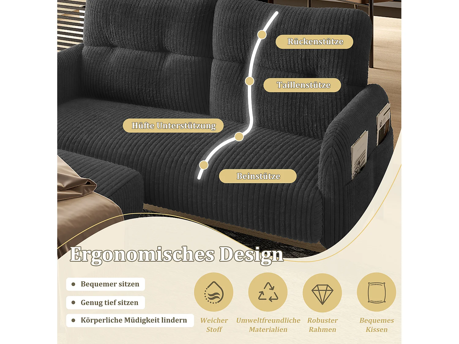 Ensemble 3 pièces velours noir – canapé 2 places et 3 places + pouf – coussins inclus – poches latérales – idéal pour salon, bureau et chambre