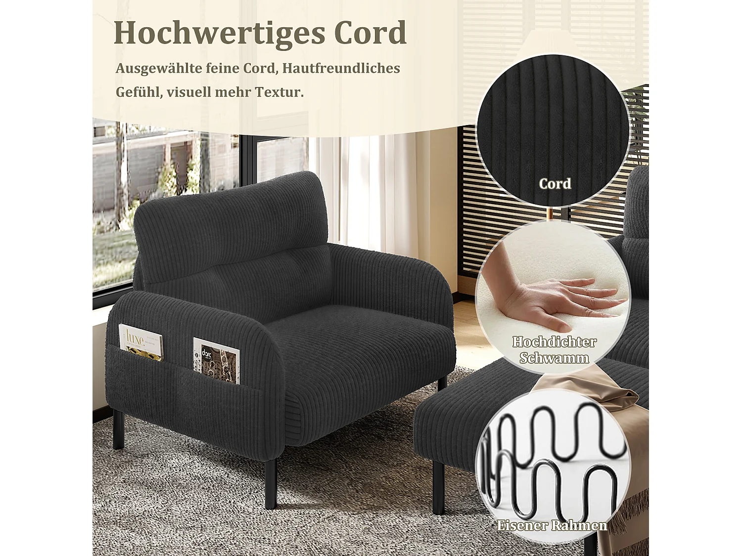 Ensemble 3 pièces velours noir – canapé 2 places et 3 places + pouf – coussins inclus – poches latérales – idéal pour salon, bureau et chambre