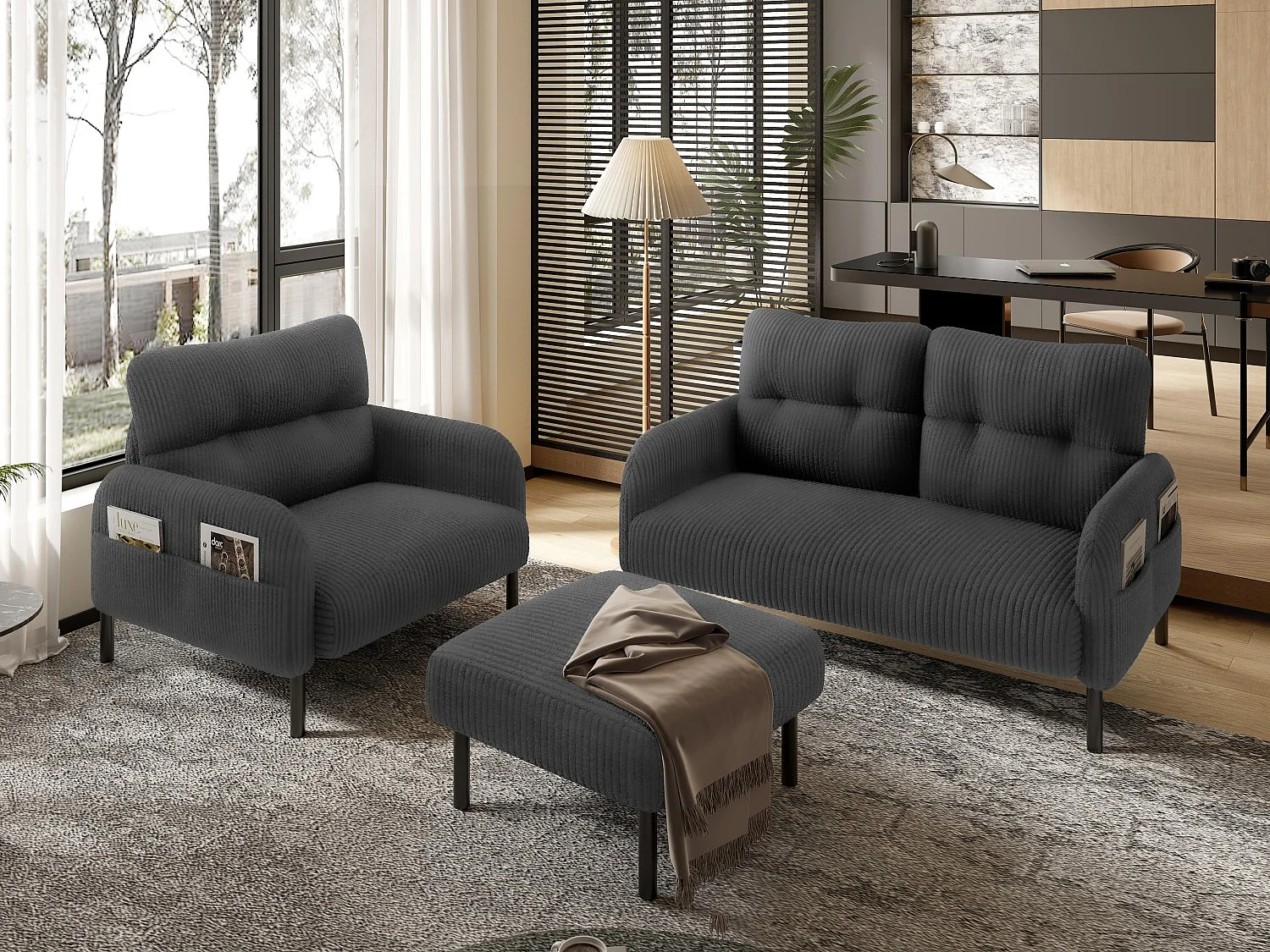 Ensemble 3 pièces velours noir – canapé 2 places et 3 places + pouf – coussins inclus – poches latérales – idéal pour salon, bureau et chambre