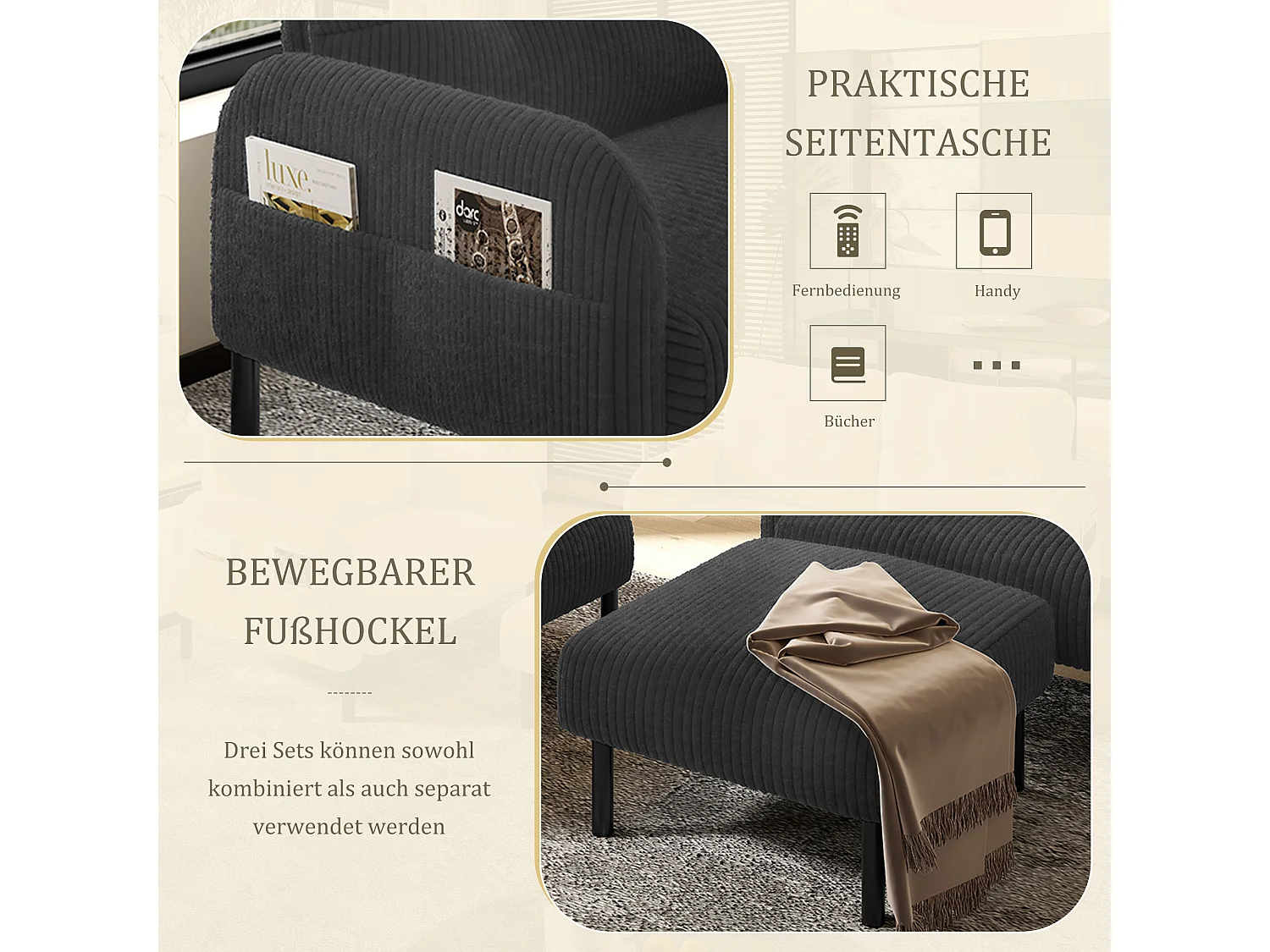 Ensemble 3 pièces velours noir – canapé 2 places et 3 places + pouf – coussins inclus – poches latérales – idéal pour salon, bureau et chambre