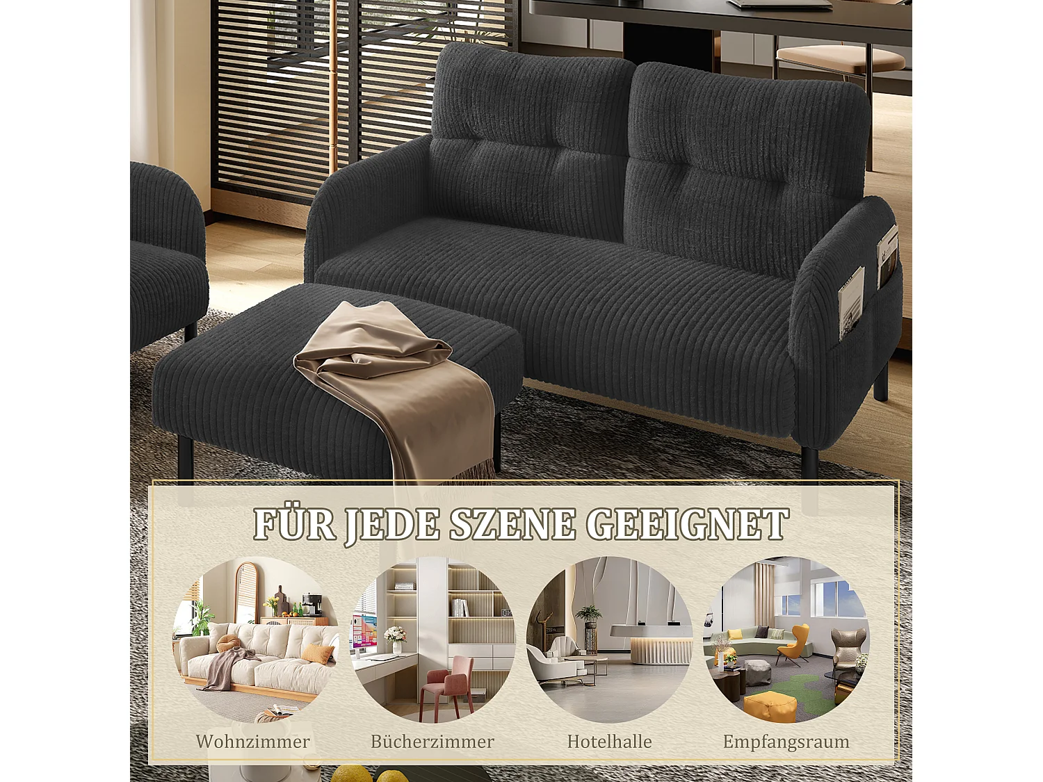 Ensemble 3 pièces velours noir – canapé 2 places et 3 places + pouf – coussins inclus – poches latérales – idéal pour salon, bureau et chambre