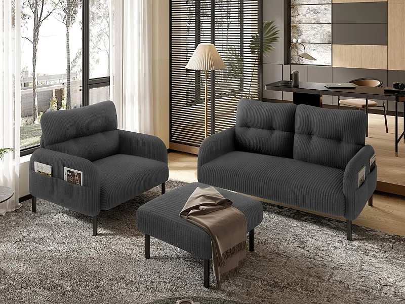 Ensemble 3 pièces velours noir – canapé 2 places et 3 places + pouf – coussins inclus – poches latérales – idéal pour salon, bureau et chambre